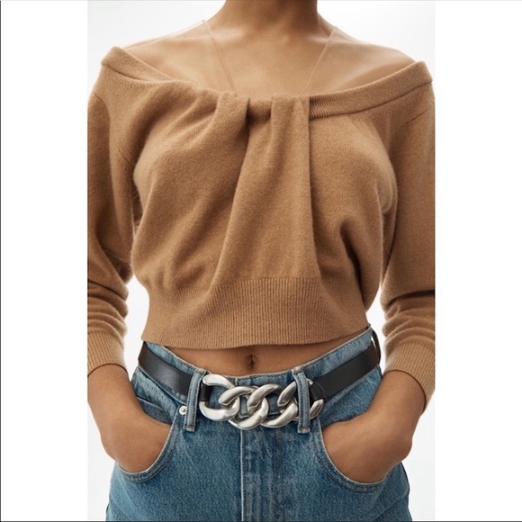 Alexander Wang Cropped Drape Neck Sweater In Tan Large - Picture 2 of 10